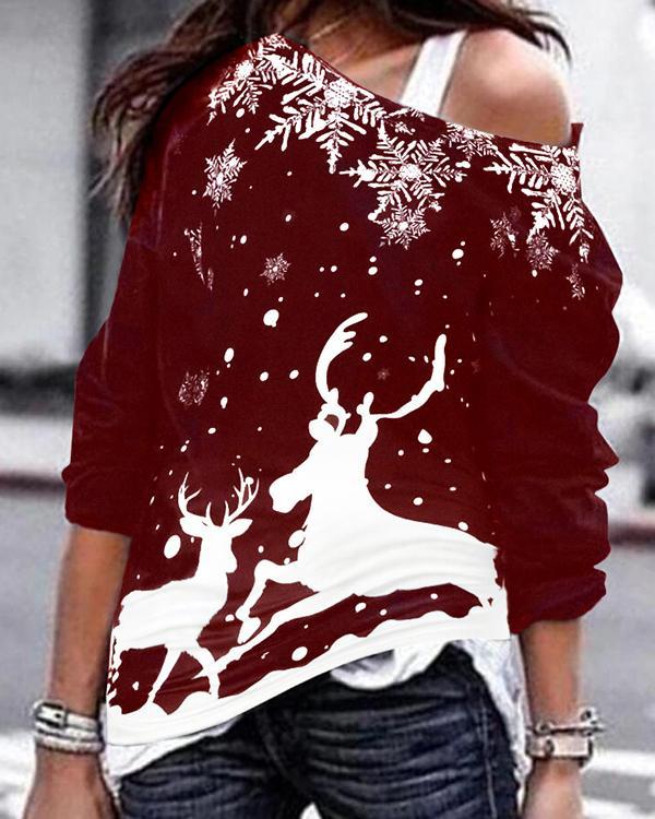 Women's One Shoulder Christmas Elk&Snowflake Blouses