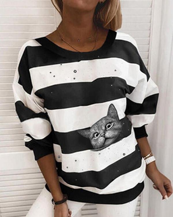 Striped Animal Print Crew-Neck Long Sleeves Sweatshirt