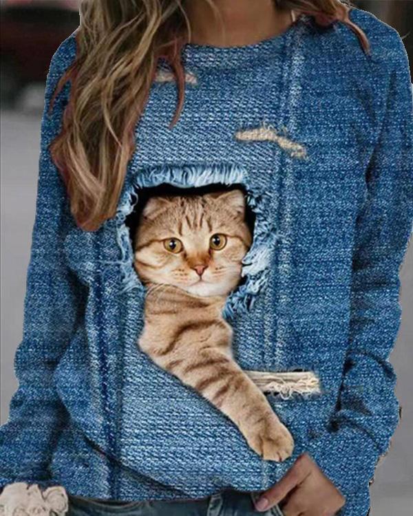 Women Cute Cat Print Casual O Neck Tops
