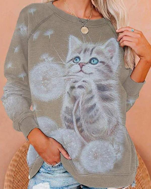 Cat Print Casual O Neck T-shirt