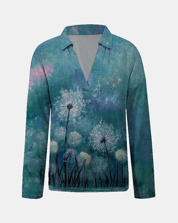 Women Printed V Neck Ombre Long Sleeve Blouses