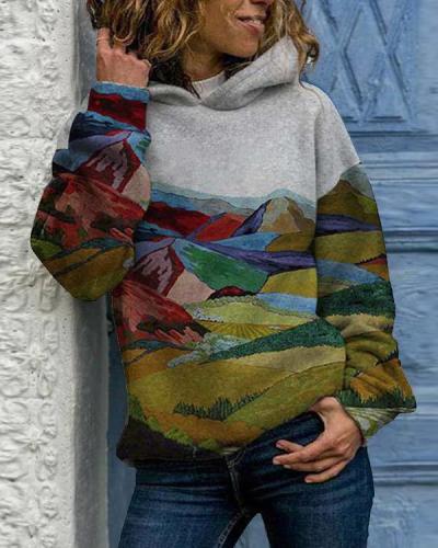 Landscape Printed Long Sleeve Hoodie Women Sweatshirts