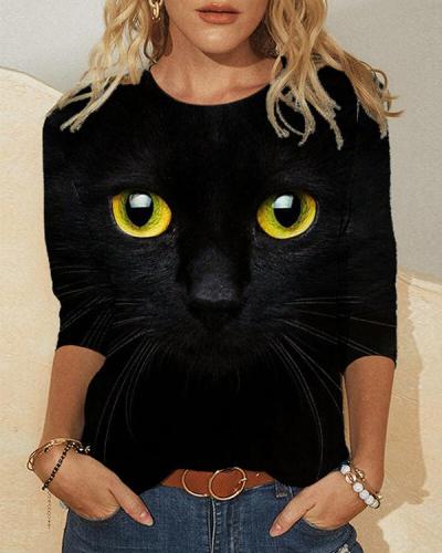 Cat Face Print Long Sleeve Round-neck Casual T-shirt