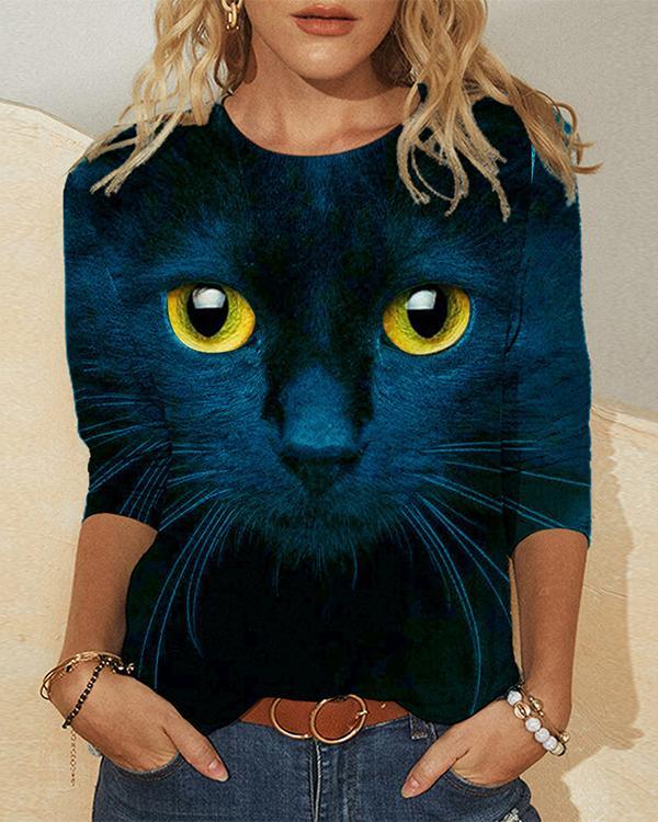 Cat Face Print Long Sleeve Round-neck Casual T-shirt