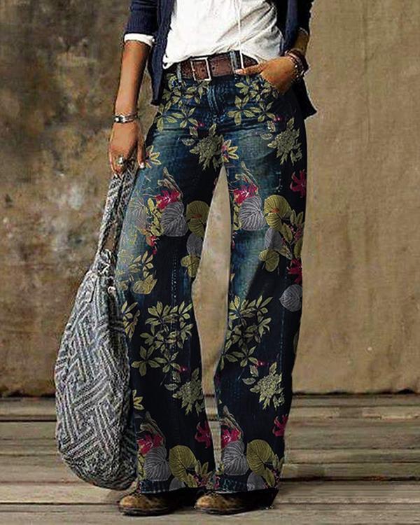 Vintage Floral Print Pocket Woman Pant Bottom