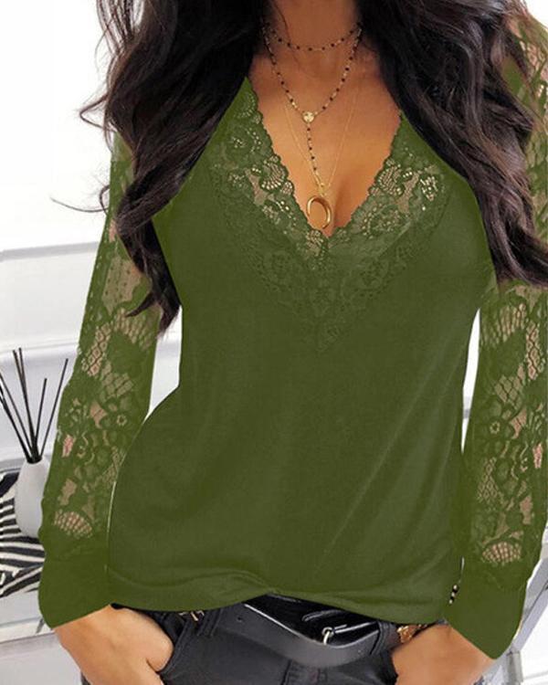 Casual Lace Patchwork V Neck Loose Fit Blouses
