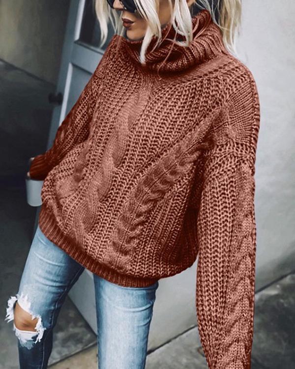 Turtleneck Chunky Cable-Knit Pullover Sweater