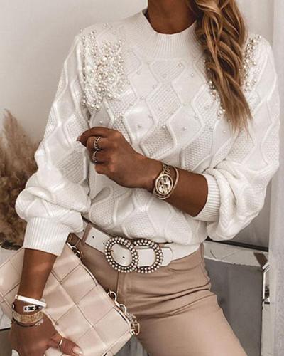 Solid Beaded Crew Neck Elegant Sweaters