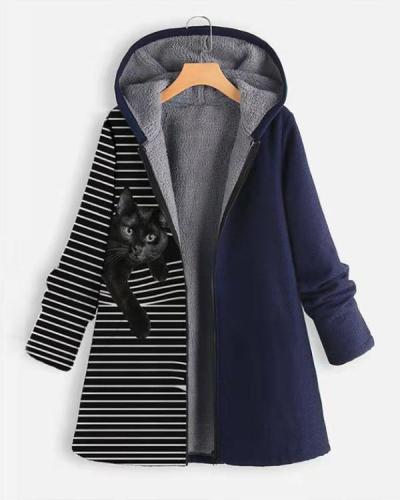Women Casual Stripe&Animal Print Retro Hooded Coat