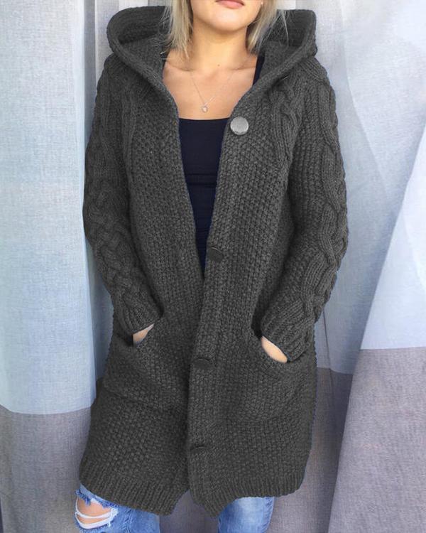 Solid Cable-knit Chunky knit Pocket Hooded Casual Cardigan