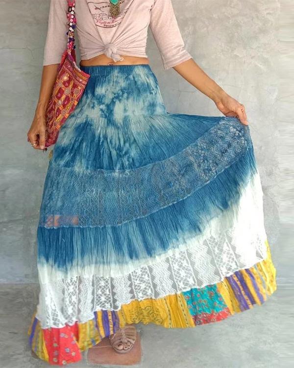 Vintage Tie Dye Patchwork Elastic Waist Maxi Skirt