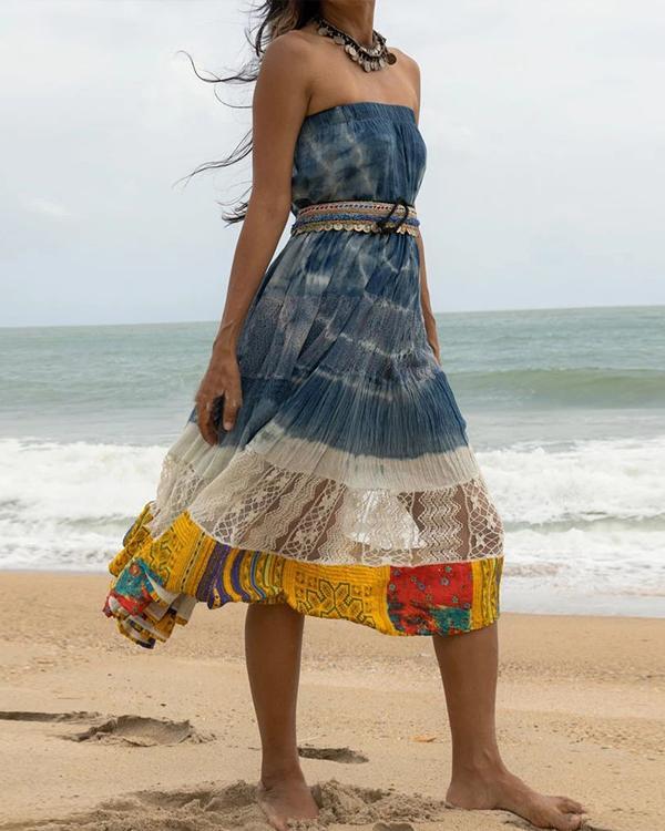 Vintage Tie Dye Patchwork Elastic Waist Maxi Skirt