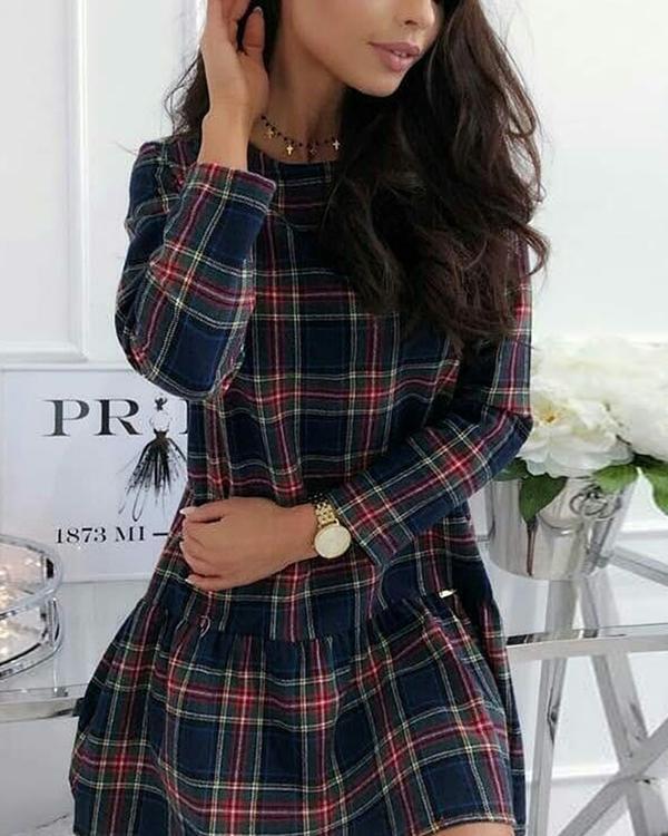 Plaid Long Sleeves Shift Above Knee Casual Dresses