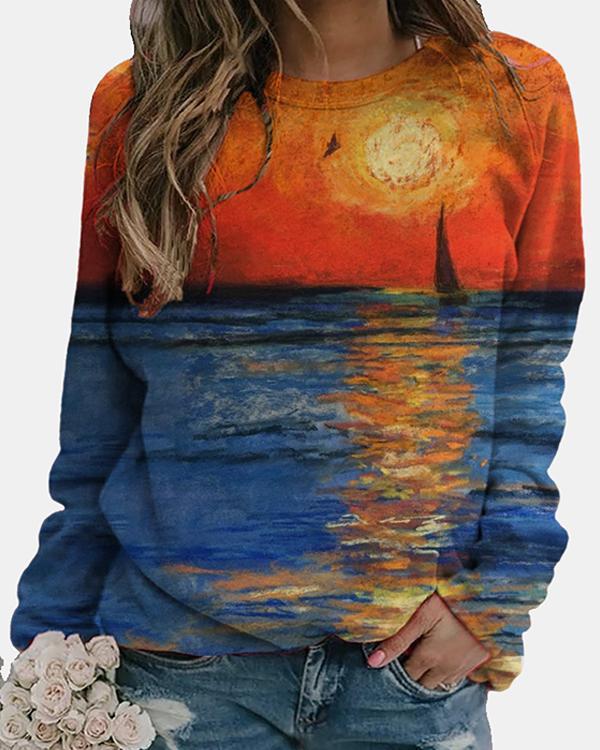Abstract Long Sleeve Printed Cotton-blend Crew Neck Top