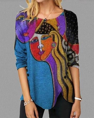 Women Art Print Crew Neck Long Sleeve Shirts&Tops