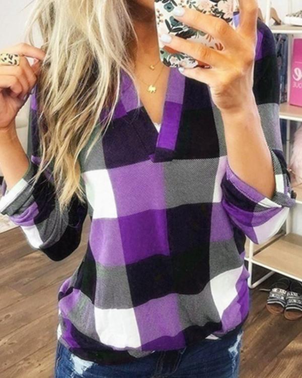 Plaid V-neck Long Sleeve T-shirt