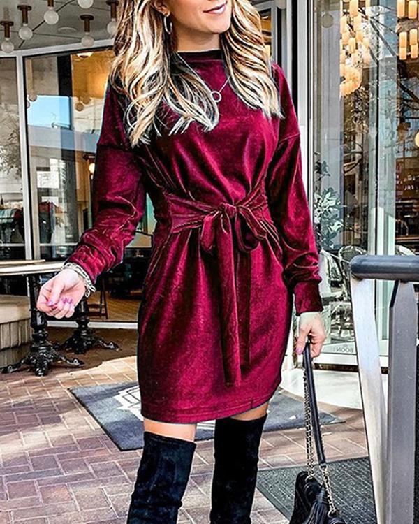 Velvet Belt Elegant Long Sleeve Dress