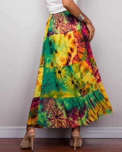 Vintage Gradient Print Paneled Elastic Maxi Skirt