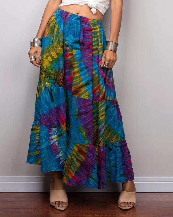 Vintage Gradient Print Paneled Elastic Maxi Skirt