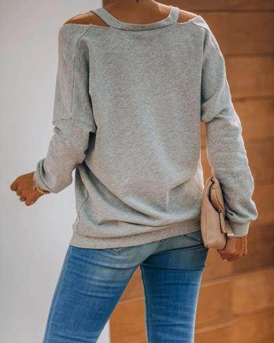 Casual Cotton-Blend Plain Color Cold Shoulder Shirts & Tops