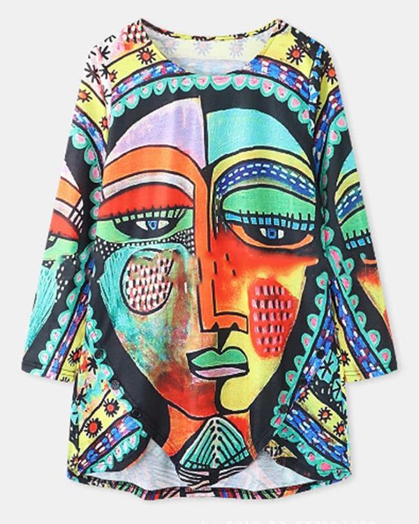 Casual Round Neck Loose Fit Graffiti Blouses