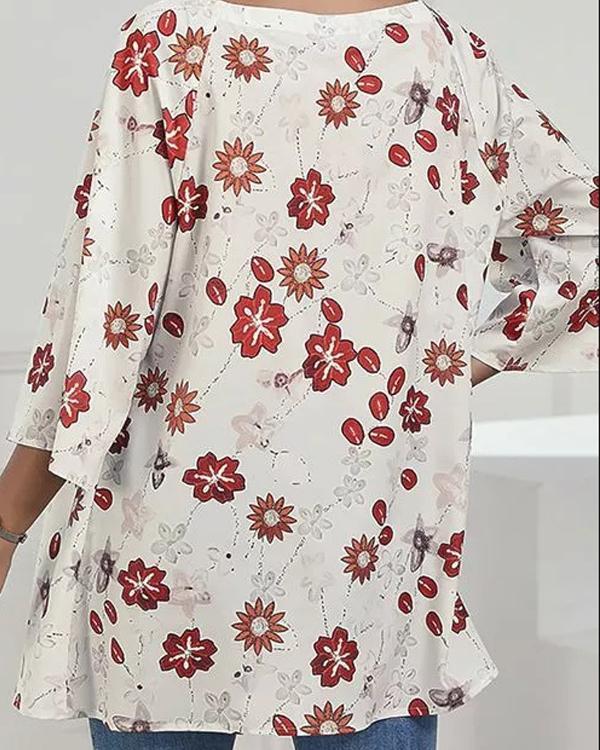 Casual V Neck 3/4 Sleeve Loose Fit Floral Blouses