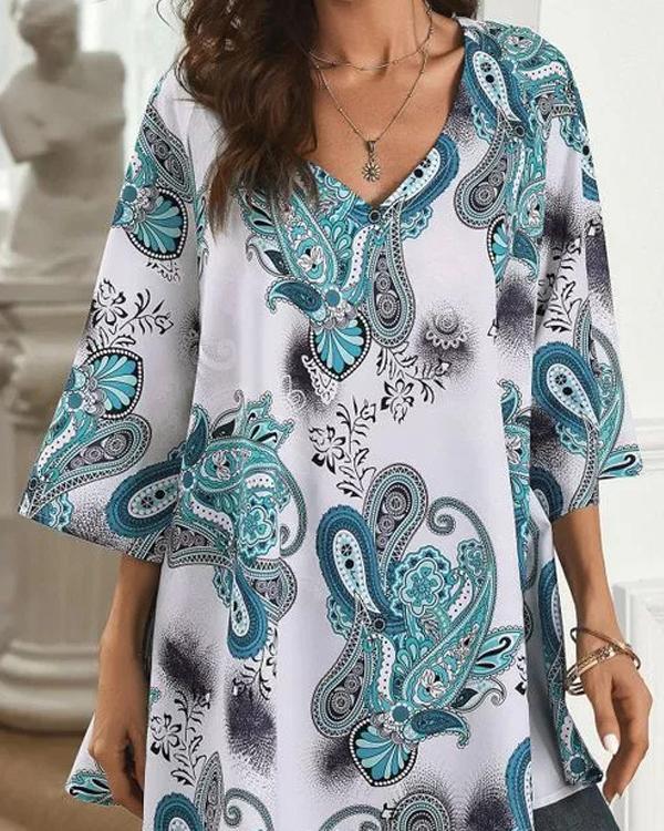 Casual V Neck 3/4 Sleeve Loose Fit Floral Blouses