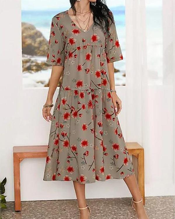 Casual Floral Tunic V-Neckline A-line Dress