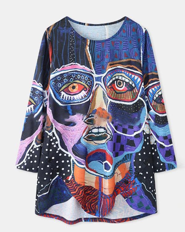 Casual Round Neck Loose Fit Graffiti Blouses