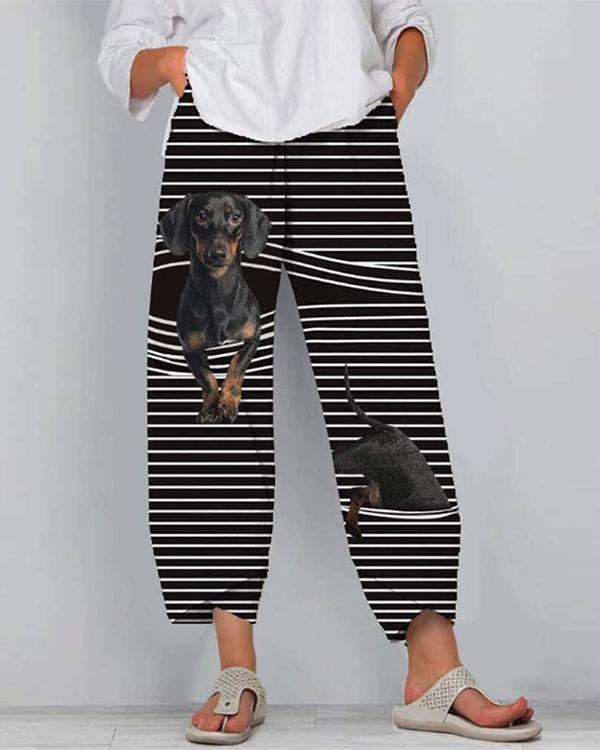 Dog And Cat Print Striped Patchwork Elastic Waist Plus Size Pants