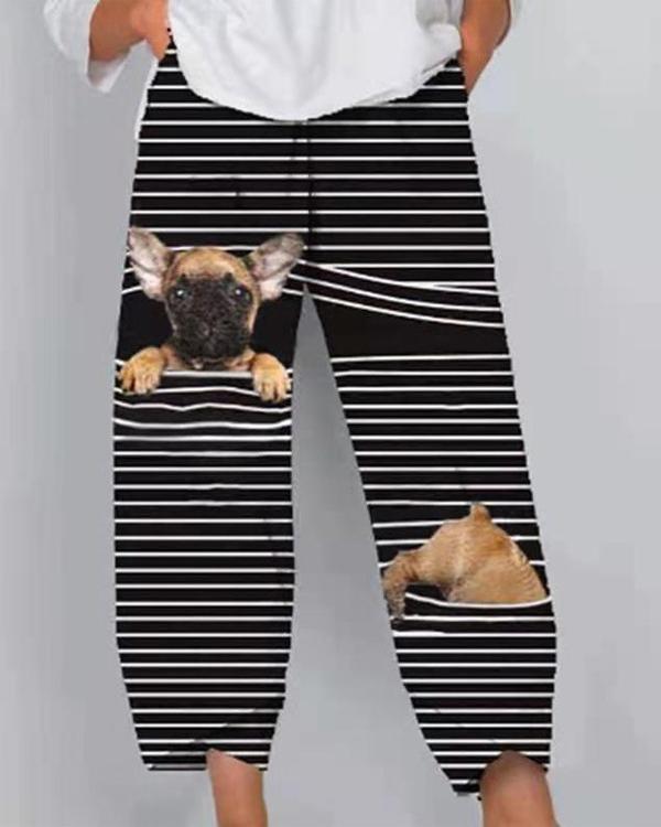 Dog And Cat Print Striped Patchwork Elastic Waist Plus Size Pants