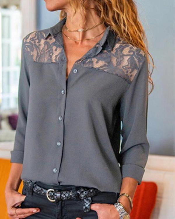 US$ 23.99 - Stylish Pure Lace Gored Lapel Long Sleeve Blouses - www ...