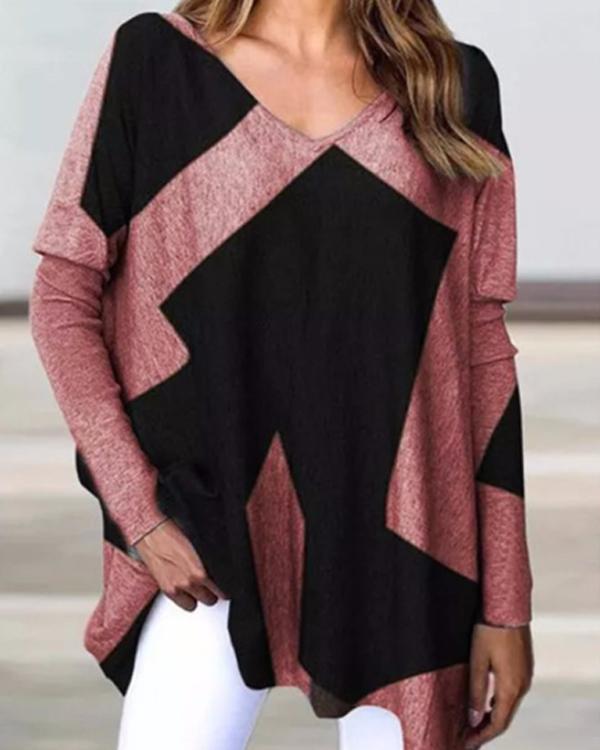 Geometric Line Print Casual Long-Sleeved Top