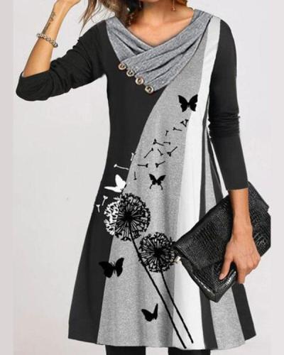 Dandelion Print Stripe Long Sleeve V Neck A-line Dress