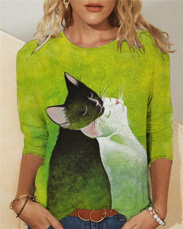 Cats Print Long Sleeve Casual Crew Neck T-Shirts & Tops