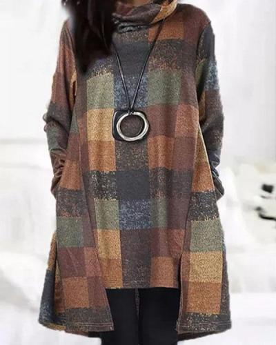 Vintage Plaid Turtleneck Irregular Mini Dress