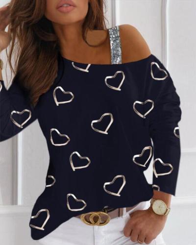 Print Sequins One-Shoulder Long Sleeves Casual Blouses