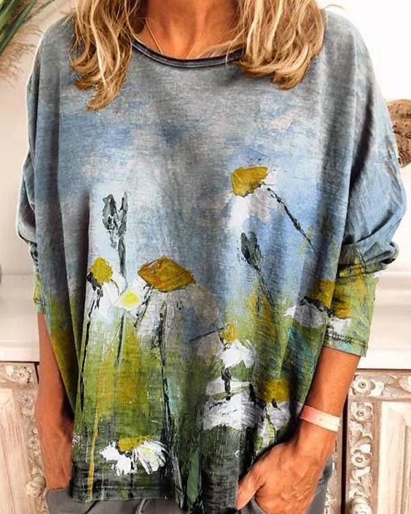 Long Sleeve Crew Neck Oil painting flowers Shirt & Top