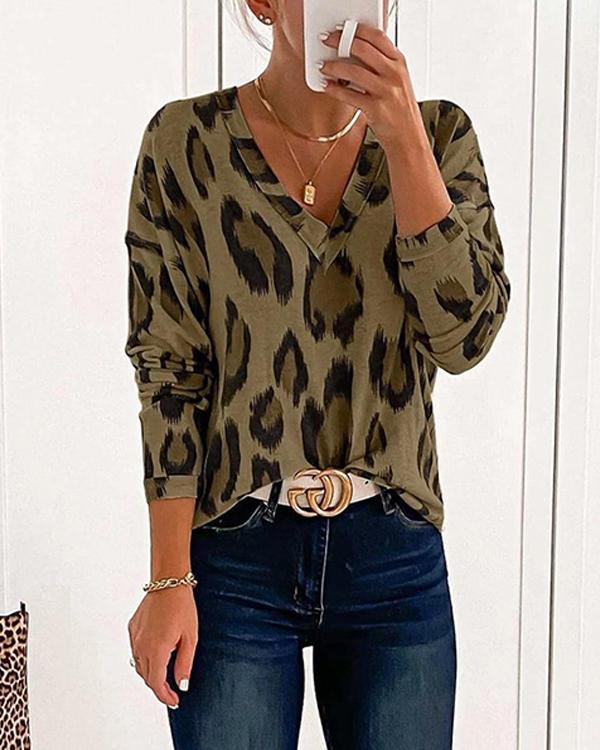 Leopard V-Neck Long Sleeves Casual Blouses