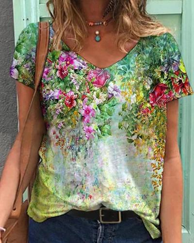 Colorful Flower Painting V Neck Short Sleeve Shirts & Tops