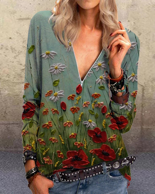 Flower Zipper Casual V-Neckline Blouses