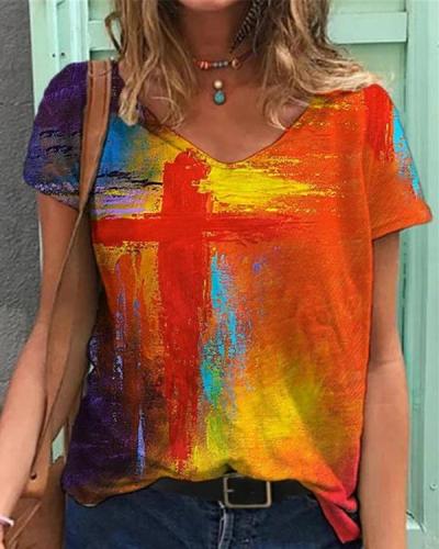 Graffiti Cross Painting Print V Neck T-shirt