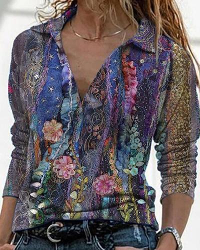 Vintage Floral Print Long Sleeve Shirt Collar Blouse