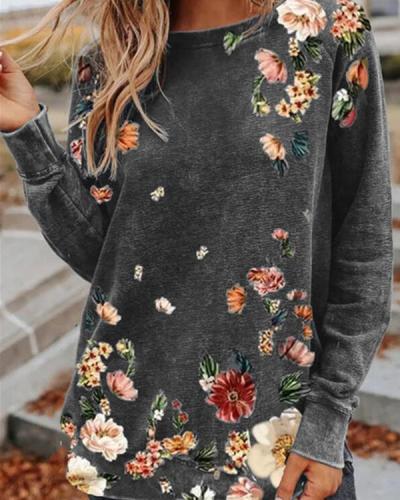 Casual Flower Print Round Neck Loose Fit Shirts&Tops