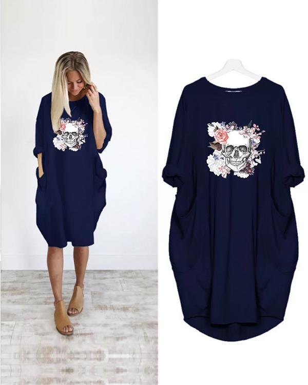 Women Skull Printed Casual Irregular Plus Size Dress