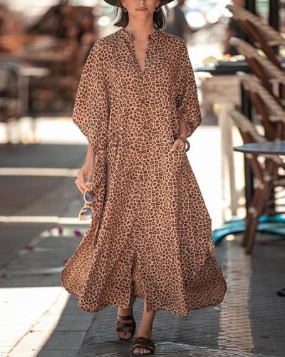 Leopard Pocketed Button Front Side Slit Sleeved Maxi Cover Up