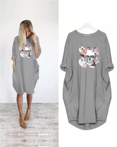 Women Skull Printed Casual Irregular Plus Size Dress