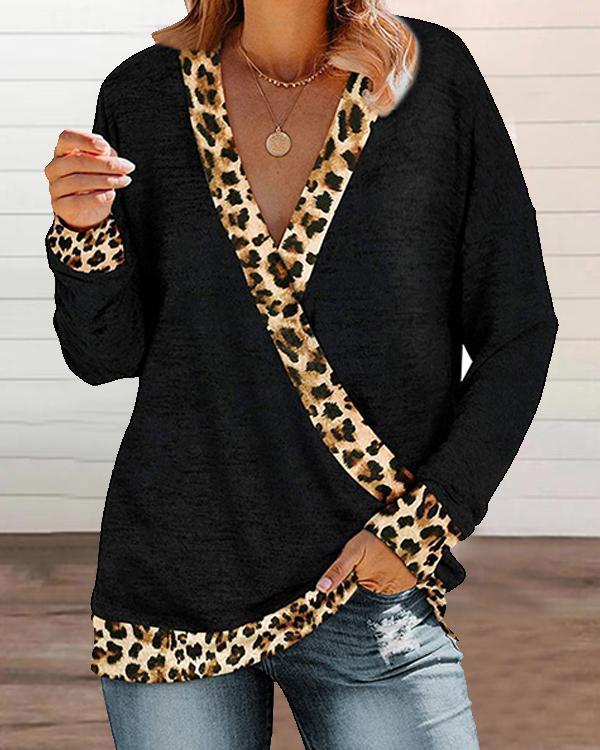 Leopard Patchwork V Neck Loose Fit Shirts&Tops