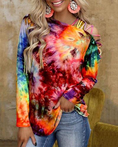 Tie Dye Criss-Cross Slash Neck Long Sleeve Blouse