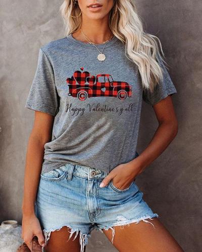 Women Plaid Printed Splicing Car Heart T-Shirt